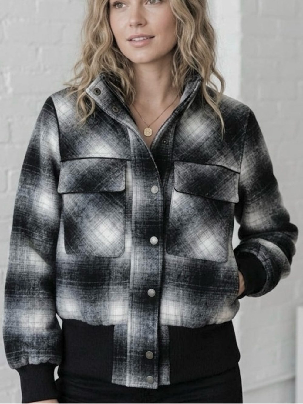 Wonderful & Young Plaid Bomber Jacket Black White Cozy Coat M